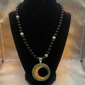Jay King Black & Green Stone Circle Pendant Necklace , Sterling Silver